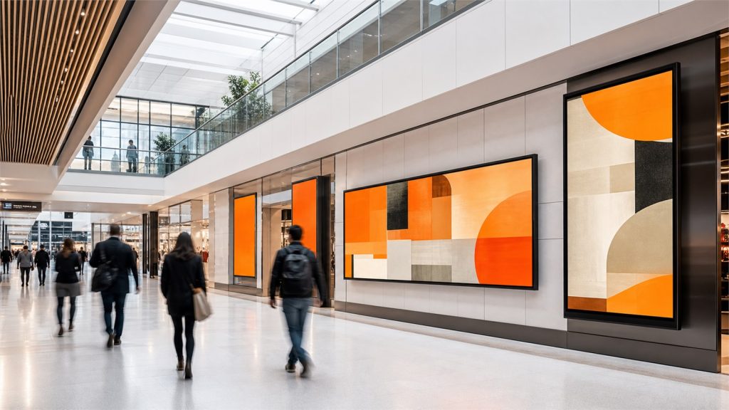Pantallas profesionales de digital signage en un espacio comercial