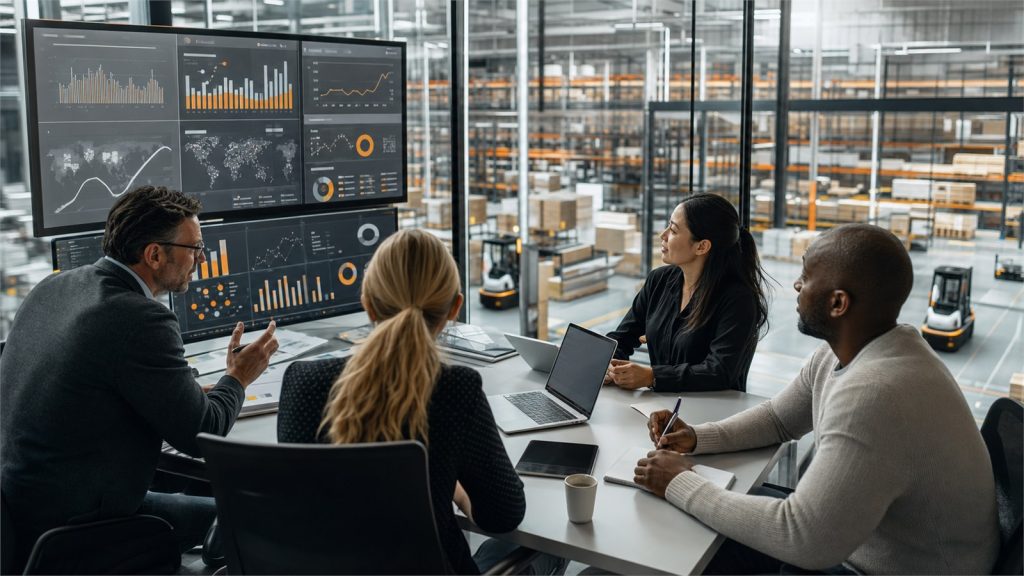 Equipo empresarial planificando el crecimiento de sus operaciones